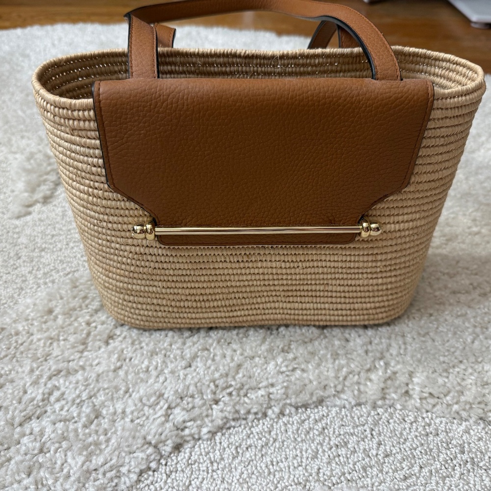 Strathberry Tan Leather & Natural Straw Tote with Gold Bar